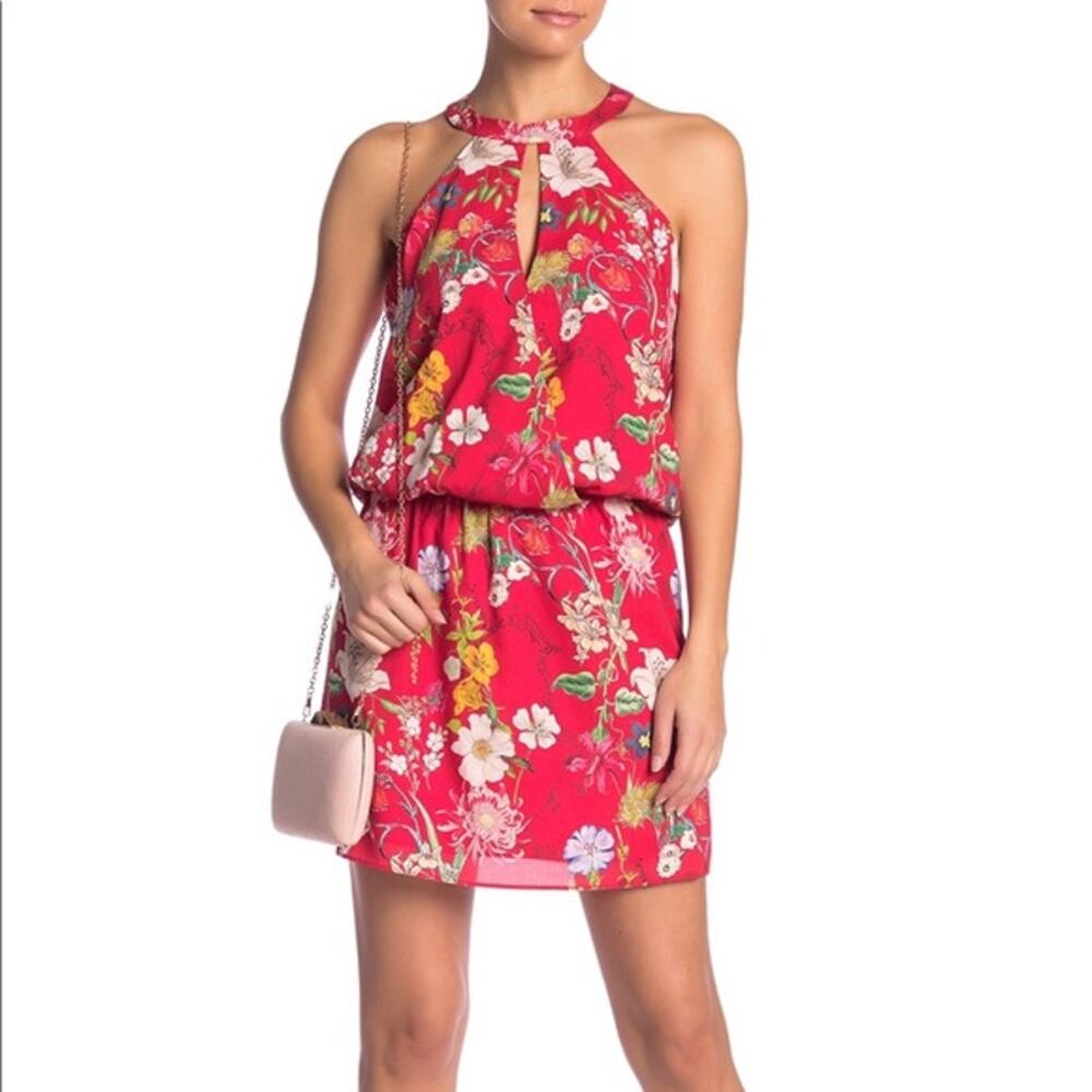 Parker Carlotta Red Sangria Floral Keyhole Blouson Dress Small
